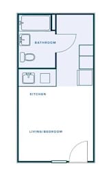 A floor plan of a small apartment with a living/bedroom area, a kitchen, and a bathroom.