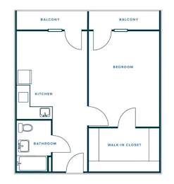 A floor plan of a house with two balconies, a kitchen, a bathroom, a bedroom, and a walk-in closet.
