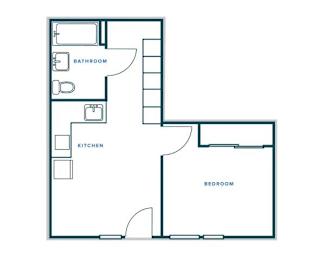 A floor plan of a room with a kitchen, bathroom and bedroom.
