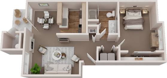 A 3D floor plan of a house with a living room, kitchen, and bedrooms.