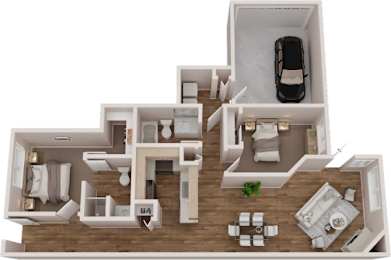 A 3D floor plan of a house with a car parked in the garage.