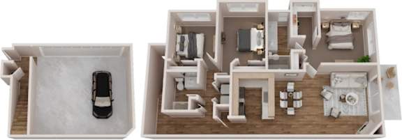 A floor plan of a house with a car parked in the driveway.
