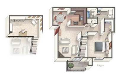A floor plan of a house with a living room, kitchen, and bedrooms.