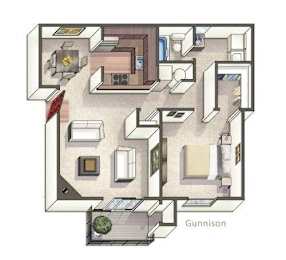 A floor plan of a Gunnison apartment with a kitchen, living room, and bathroom.