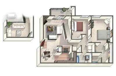 A floor plan of a multi-level home with a staircase in the center.