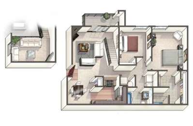 A drawing of a house with a floor plan and an elevation view.