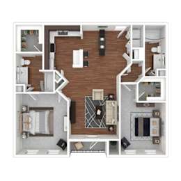 A top-down view of a house layout with a kitchen, living room, and bedrooms.
