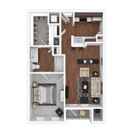 A top-down view of a small apartment layout with a kitchen, living room, and bedroom.