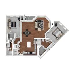 A top-down view of a house layout with a central living area, two bedrooms, a kitchen, and a bathroom.