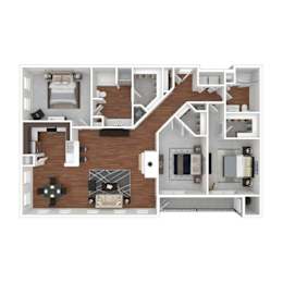 A 3D floor plan of a house with multiple rooms and furniture.