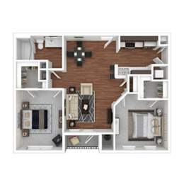 A top-down view of a house layout with a kitchen, living room, and bedrooms.