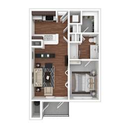 A floor plan of a two-story apartment with a living room, kitchen, and bathroom on the first floor, and a bedroom with a bathroom on the second floor.