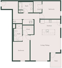 A floor plan of a house with a deck and a living/dining area.