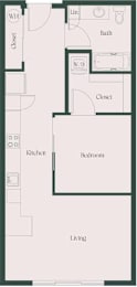 A floor plan of a house with a living room, kitchen, two bedrooms, and two closets.