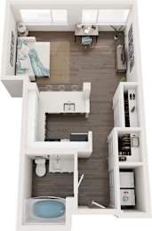 A top down view of a small apartment with a kitchen, living room, and bathroom.