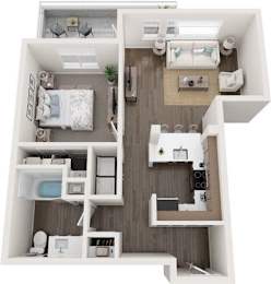 A top-down view of a small apartment with a bedroom, living room, and kitchen.