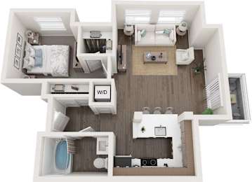 A top down view of a small apartment with a bedroom, living room, kitchen, and bathroom.