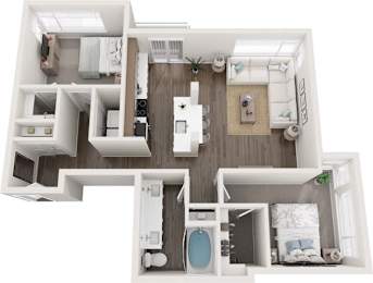 A top-down view of a small apartment with a kitchen, living room, and bathroom.