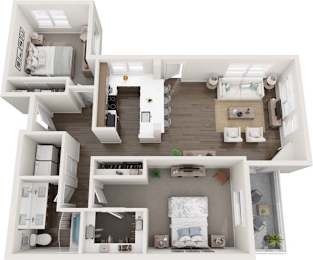 A 3D floor plan of a small apartment with a kitchen, living room, and two bedrooms.