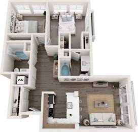 A 3D floor plan of a small apartment with a bedroom, living room, and bathroom.