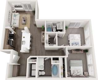 A 3D floor plan of a small apartment with a kitchen, living room, and bathroom.