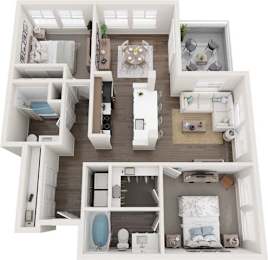 A 3D floor plan of a small apartment with two bedrooms, a living room, a kitchen, and a bathroom.