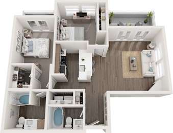 A top-down view of a small apartment with a bedroom, bathroom, kitchen, and living room.