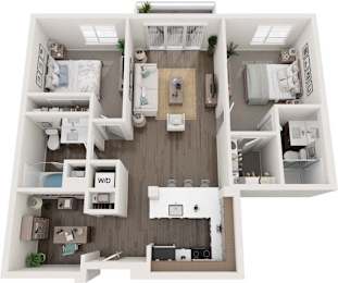 A top-down view of a small apartment with a kitchen, living room, and bedroom.