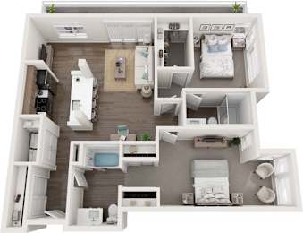 A 3D floor plan of a small apartment with two bedrooms, a living room, and a kitchen.