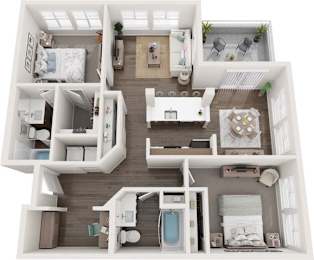 A top-down view of a small apartment with a kitchen, living room, and bathroom.