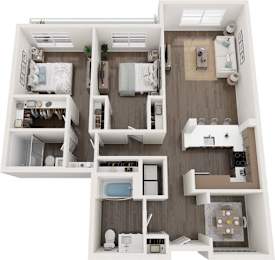 A detailed 3D floor plan of a small apartment with a kitchen, living room, and bathroom.