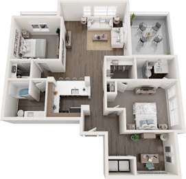 A top-down view of a house layout with a kitchen, living room, and bedrooms.