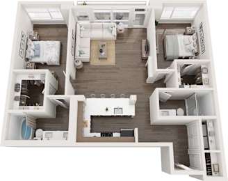 A top-down view of a modern apartment layout with a kitchen, living room, and bedrooms.