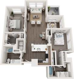 A top-down view of a small apartment with a kitchen, living room, and bedroom.