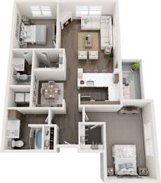A top-down view of a modern apartment layout with a kitchen, living room, and bedrooms.