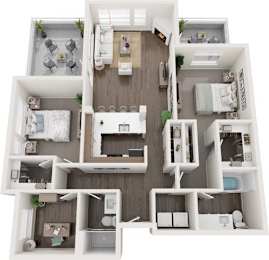 A detailed 3D floor plan of a modern apartment layout.