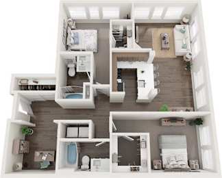 A top-down view of a modern, white-walled, multi-level home interior.