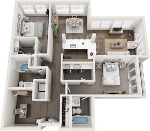 A top-down view of a small apartment with a kitchen, living room, and bedroom.
