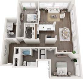 A top-down view of a small, well-organized apartment with a kitchen, living room, and bedrooms.