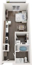 A top-down view of a small, neatly organized apartment with a bed, a desk, and a kitchenette.