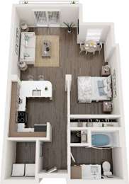 A top-down view of a small apartment with a kitchen, living room, and bathroom.