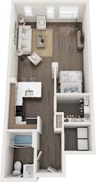 A small apartment with a kitchen, living room, and bathroom.