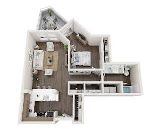 A top down view of a house with a kitchen, living room, and bedrooms.