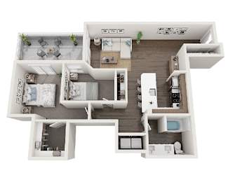 A top-down view of a house layout with a kitchen, living room, dining room, and bedrooms.