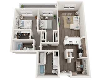 A floor plan of a small apartment with two bedrooms, a living room, a kitchen, and a bathroom.