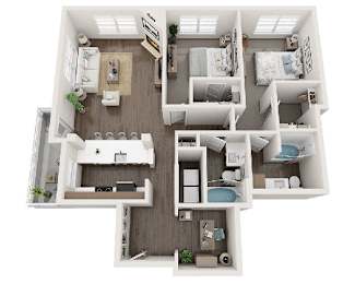 A top-down view of a small apartment layout with a kitchen, living room, and bedrooms.