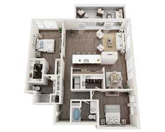 A top-down view of a small apartment with a kitchen, living room, and bathroom.
