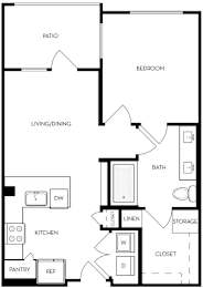 A floor plan of a house with a patio, bedroom, living/dining area, kitchen, pantry, linen closet, and storage.