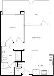 A black and white floor plan of a house with a bedroom, living/dining area, kitchen, bath, and closet.