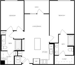 A black and white image of a house floor plan with two bedrooms, a living/dining area, a kitchen, a bath, a pantry, a closet, and storage.